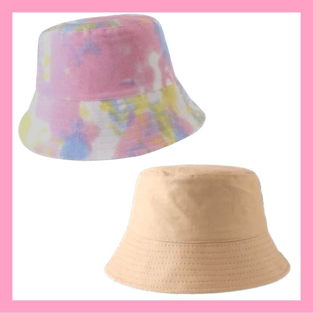 🏝️REVERSIBLE🏝️PINK TIE DYE AND TAN REVERSIBLE BUCKET HAT-WIDE BRIM-FOLDABLE - Picture 2 of 5